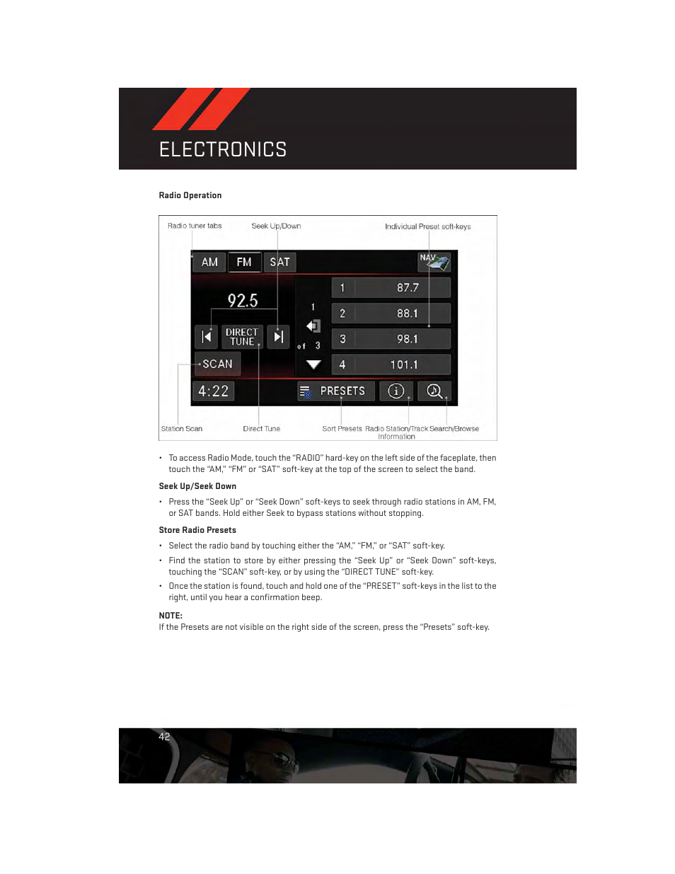 Radio operation, Electronics | Dodge 2013 Challenger_SRT - User Guide User Manual | Page 44 / 140