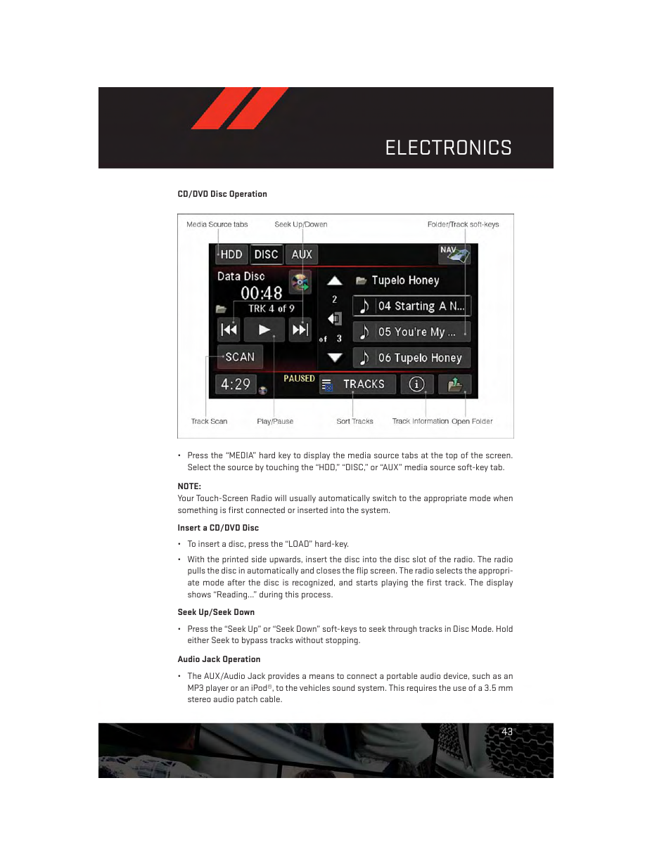 Cd/dvd disc operation, Audio jack operation, Electronics | Dodge 2013 Challenger_SRT - User Guide User Manual | Page 45 / 140