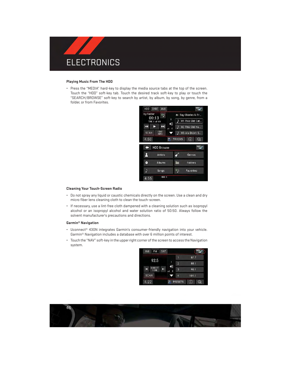 Cleaning your touch-screen radio, Garmin® navigation, Electronics | Dodge 2013 Challenger_SRT - User Guide User Manual | Page 48 / 140