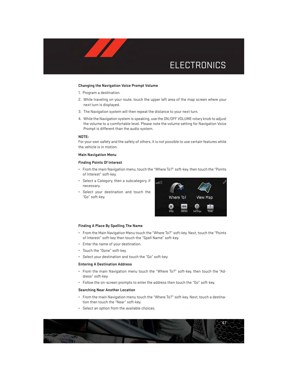 Main navigation menu, Electronics | Dodge 2013 Challenger_SRT - User Guide User Manual | Page 49 / 140