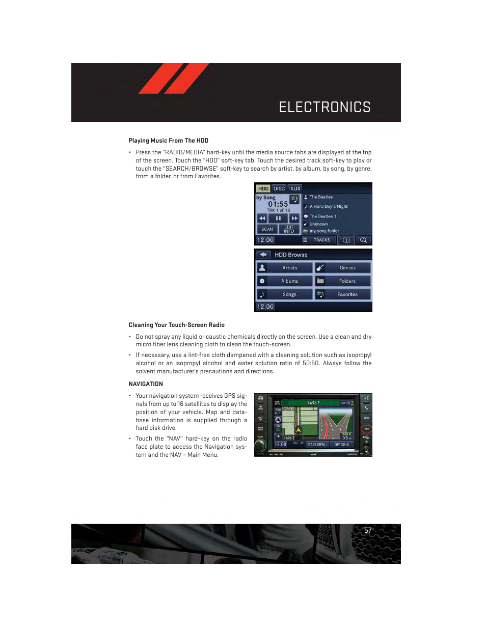 Cleaning your touch-screen radio, Navigation, Electronics | Dodge 2013 Challenger_SRT - User Guide User Manual | Page 59 / 140