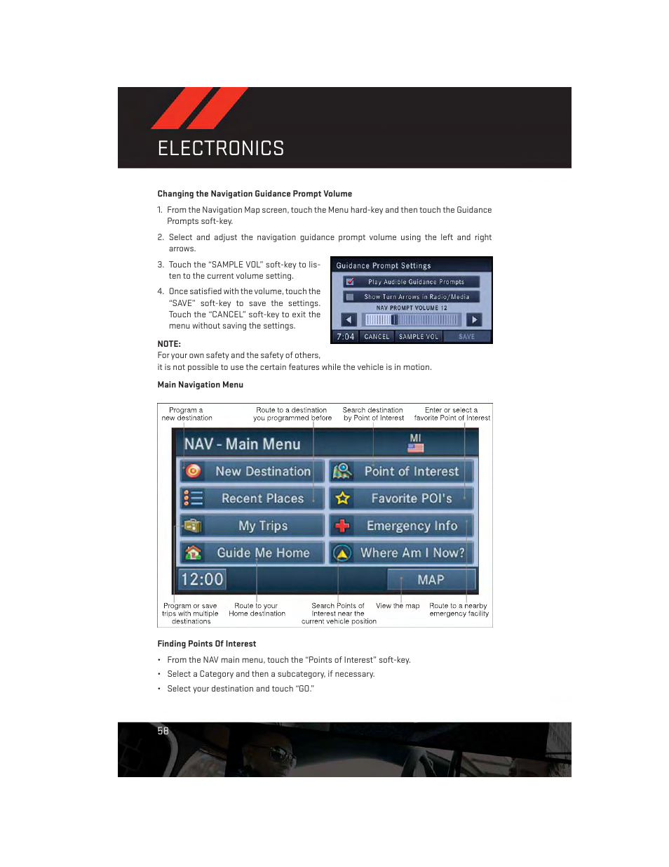 Main navigation menu, Electronics | Dodge 2013 Challenger_SRT - User Guide User Manual | Page 60 / 140