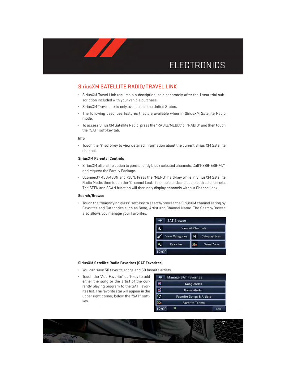 Siriusxm satellite radio/travel link, Electronics | Dodge 2013 Challenger_SRT - User Guide User Manual | Page 63 / 140