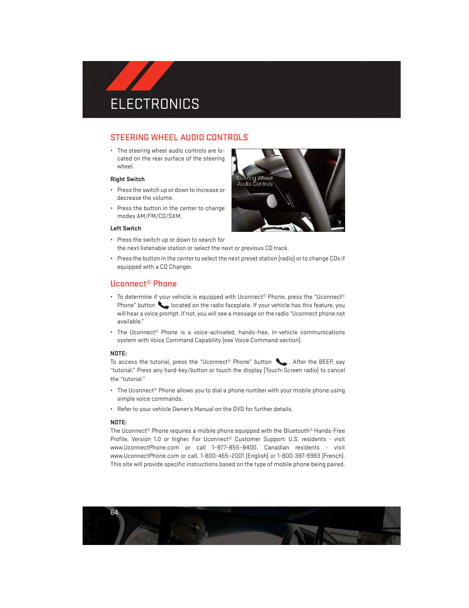 Steering wheel audio controls, Right switch, Left switch | Uconnect® phone, Electronics | Dodge 2013 Challenger_SRT - User Guide User Manual | Page 66 / 140