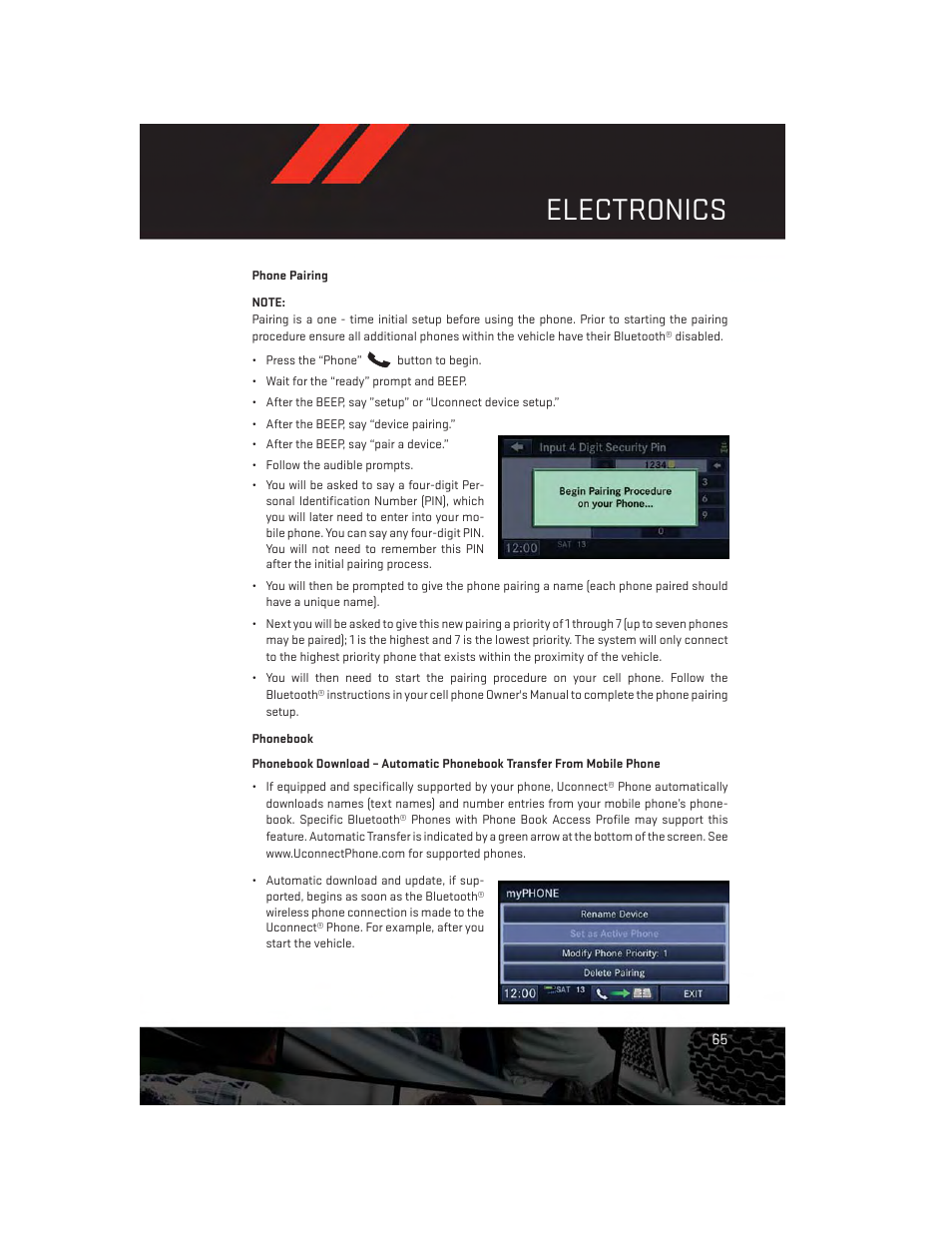 Phone pairing, Phonebook, Electronics | Dodge 2013 Challenger_SRT - User Guide User Manual | Page 67 / 140