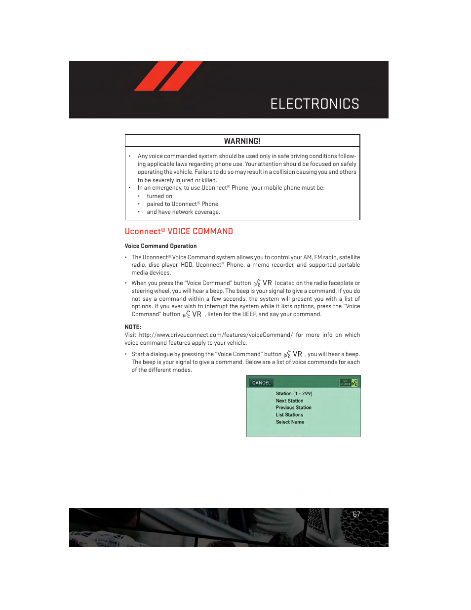 Uconnect® voice command, Voice command operation, Electronics | Dodge 2013 Challenger_SRT - User Guide User Manual | Page 69 / 140