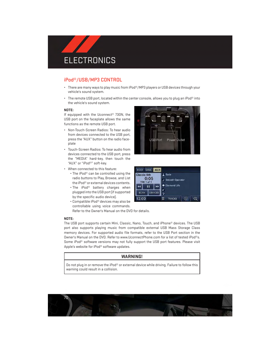 Ipod®/usb/mp3 control, Electronics | Dodge 2013 Challenger_SRT - User Guide User Manual | Page 72 / 140