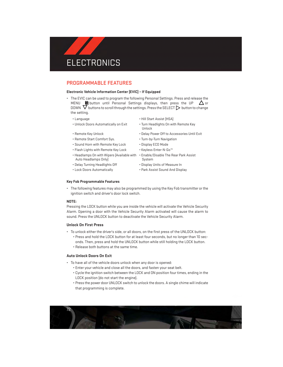 Programmable features, Key fob programmable features, Electronics | Dodge 2013 Challenger_SRT - User Guide User Manual | Page 74 / 140