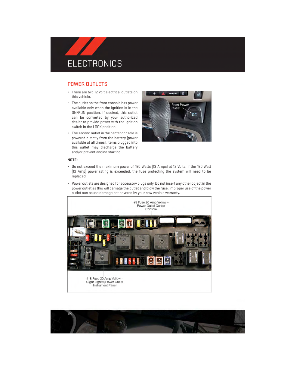 Power outlets, Electronics | Dodge 2013 Challenger_SRT - User Guide User Manual | Page 78 / 140