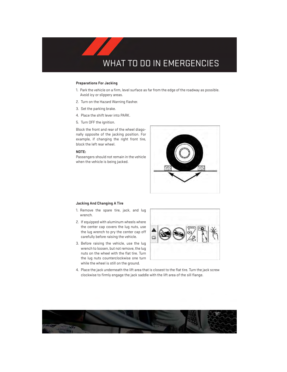 Preparations for jacking, Jacking and changing a tire, What to do in emergencies | Dodge 2013 Challenger_SRT - User Guide User Manual | Page 93 / 140