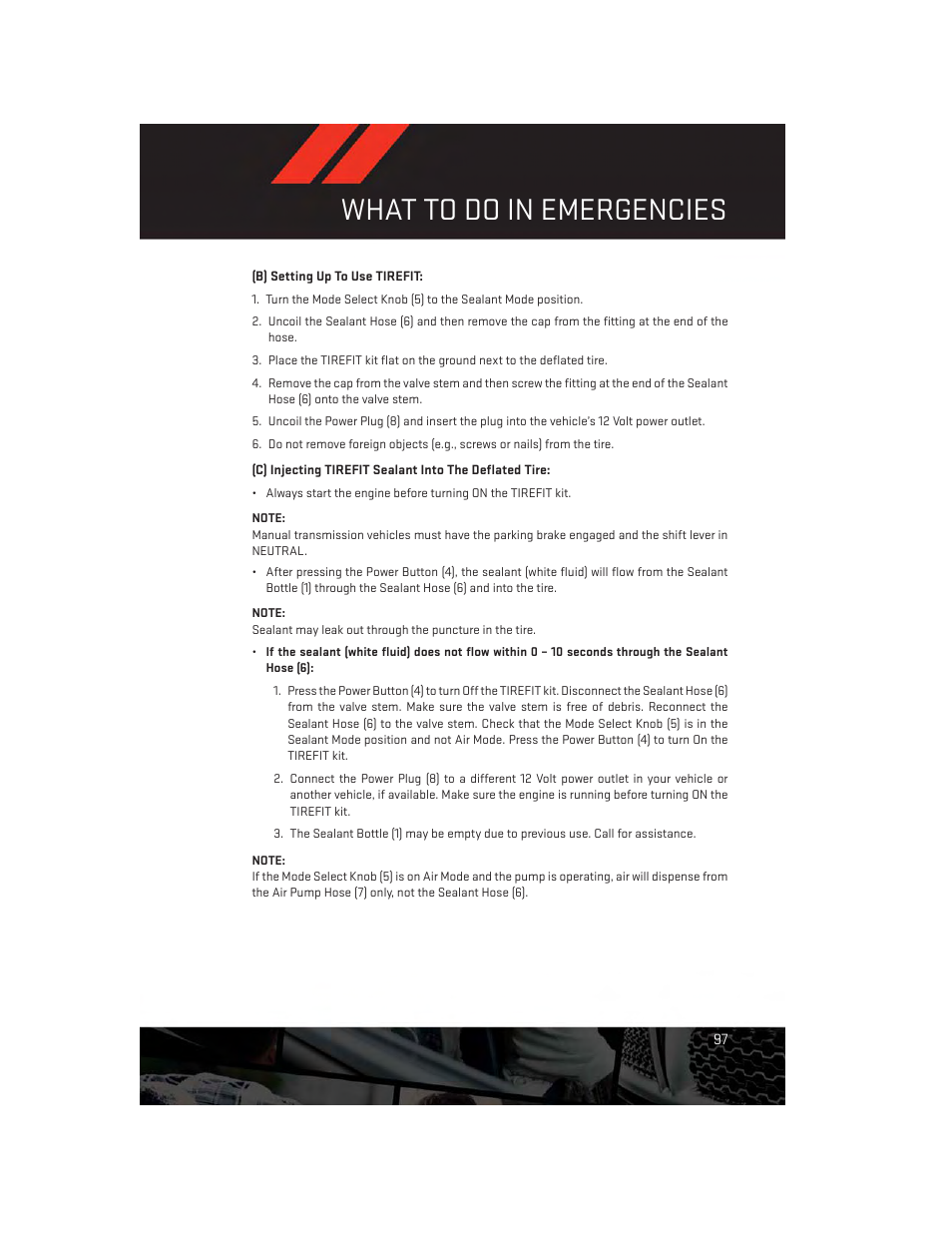 What to do in emergencies | Dodge 2013 Challenger_SRT - User Guide User Manual | Page 99 / 140