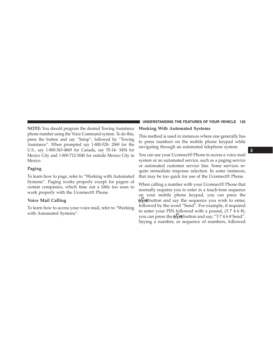 Paging, Voice mail calling, Working with automated systems | Dodge 2013 Challenger_SRT - Owner Manual User Manual | Page 127 / 520