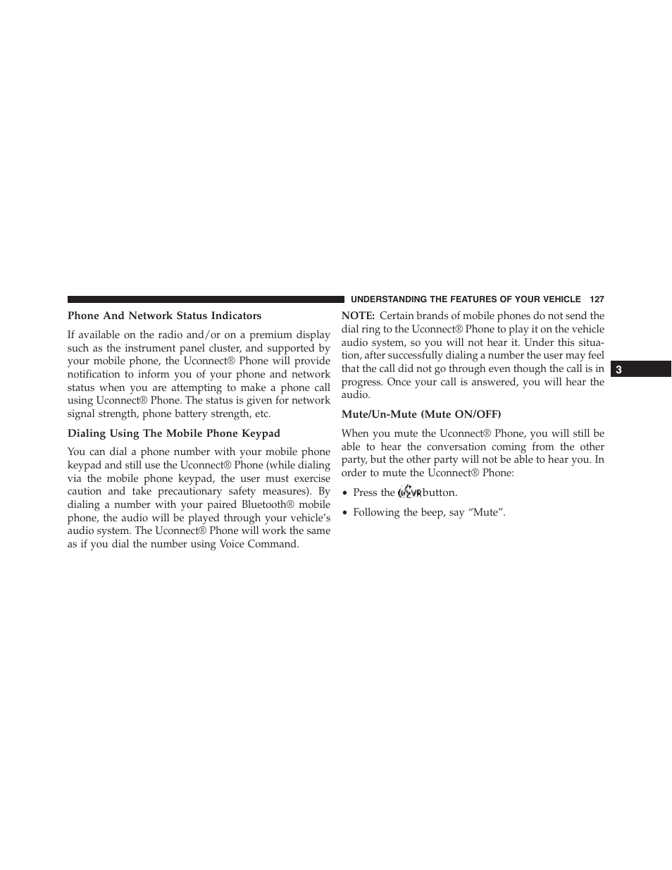 Phone and network status indicators, Dialing using the mobile phone keypad, Mute/un-mute (mute on/off) | Dodge 2013 Challenger_SRT - Owner Manual User Manual | Page 129 / 520