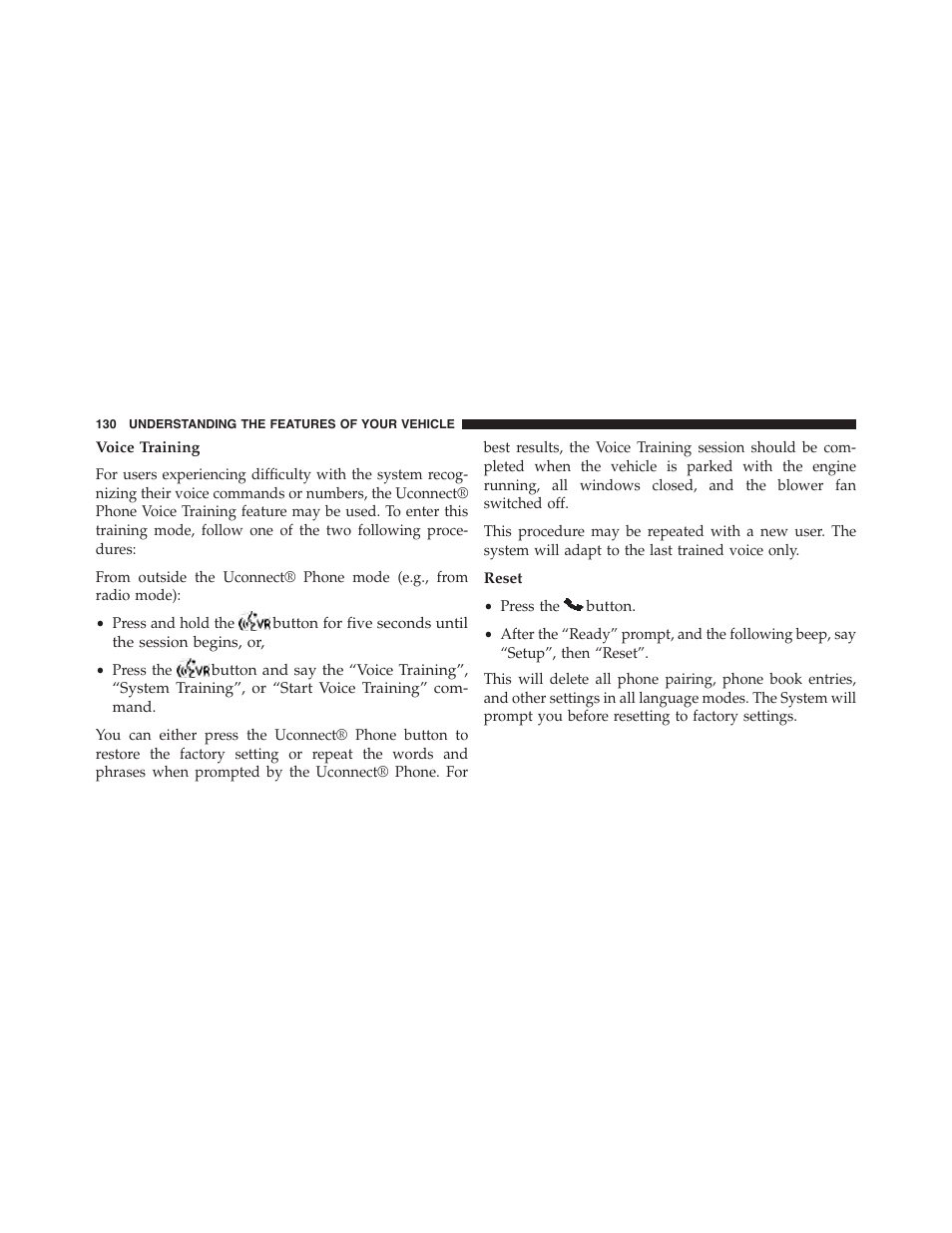 Voice training, Reset | Dodge 2013 Challenger_SRT - Owner Manual User Manual | Page 132 / 520