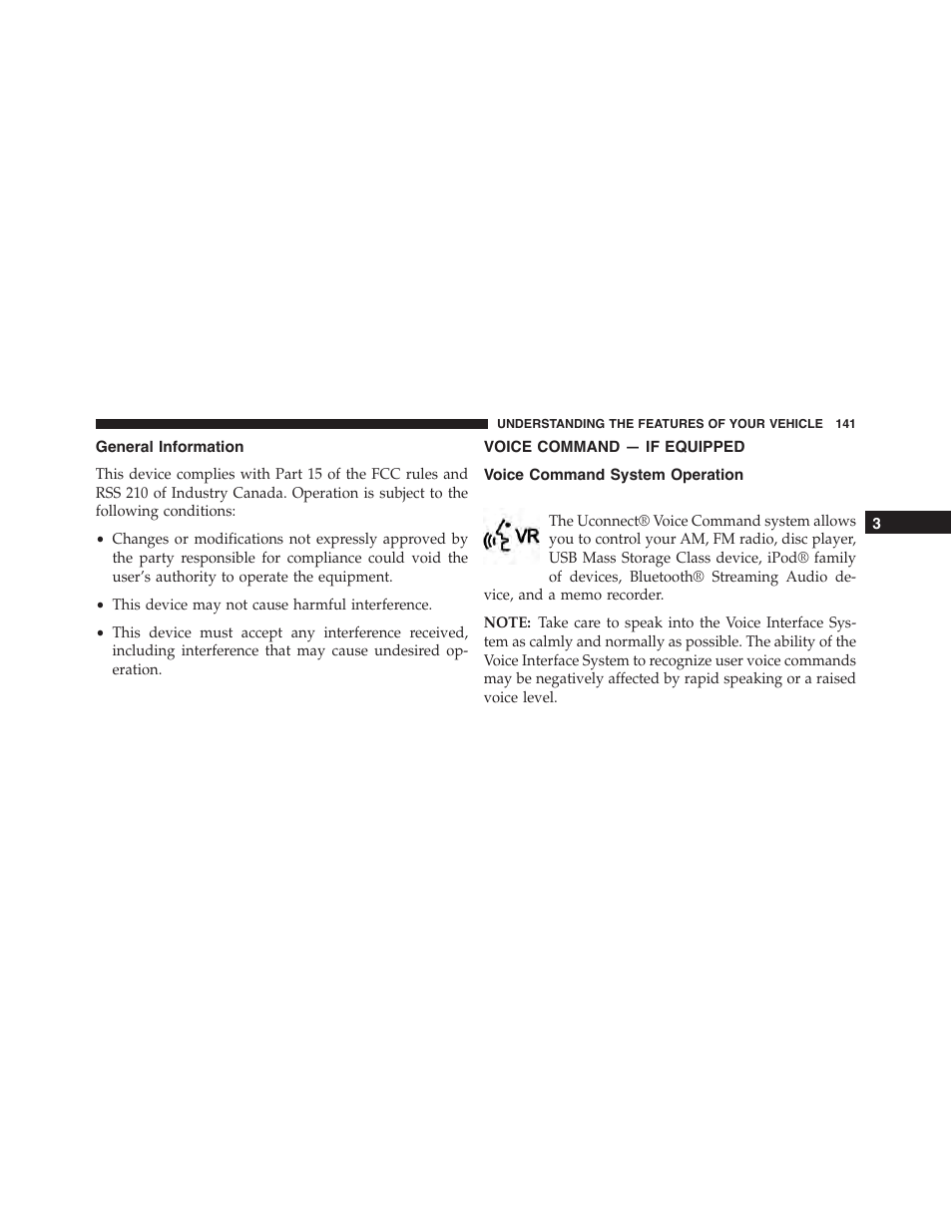 General information, Voice command — if equipped, Voice command system operation | Dodge 2013 Challenger_SRT - Owner Manual User Manual | Page 143 / 520