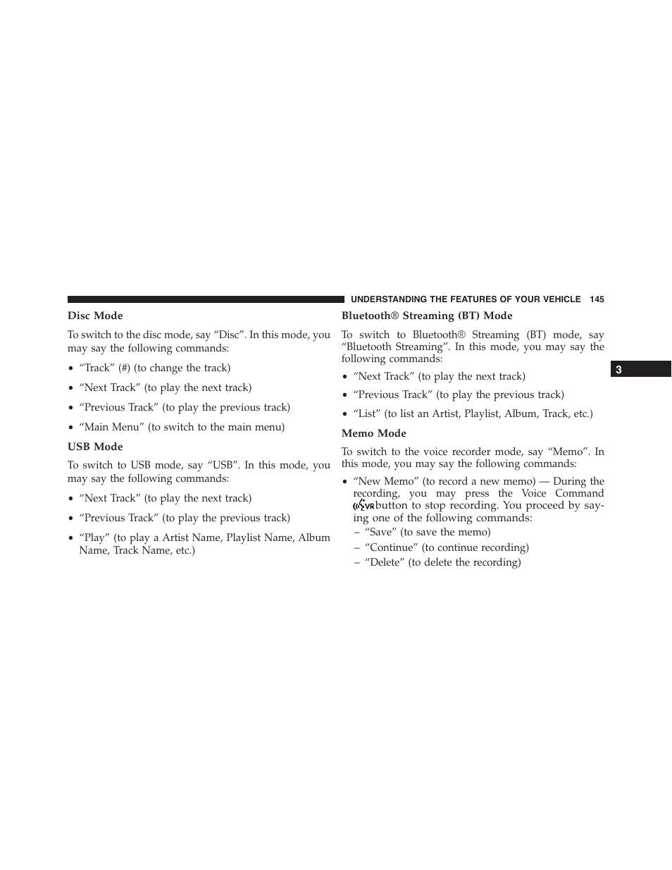 Disc mode, Usb mode, Bluetooth® streaming (bt) mode | Memo mode | Dodge 2013 Challenger_SRT - Owner Manual User Manual | Page 147 / 520