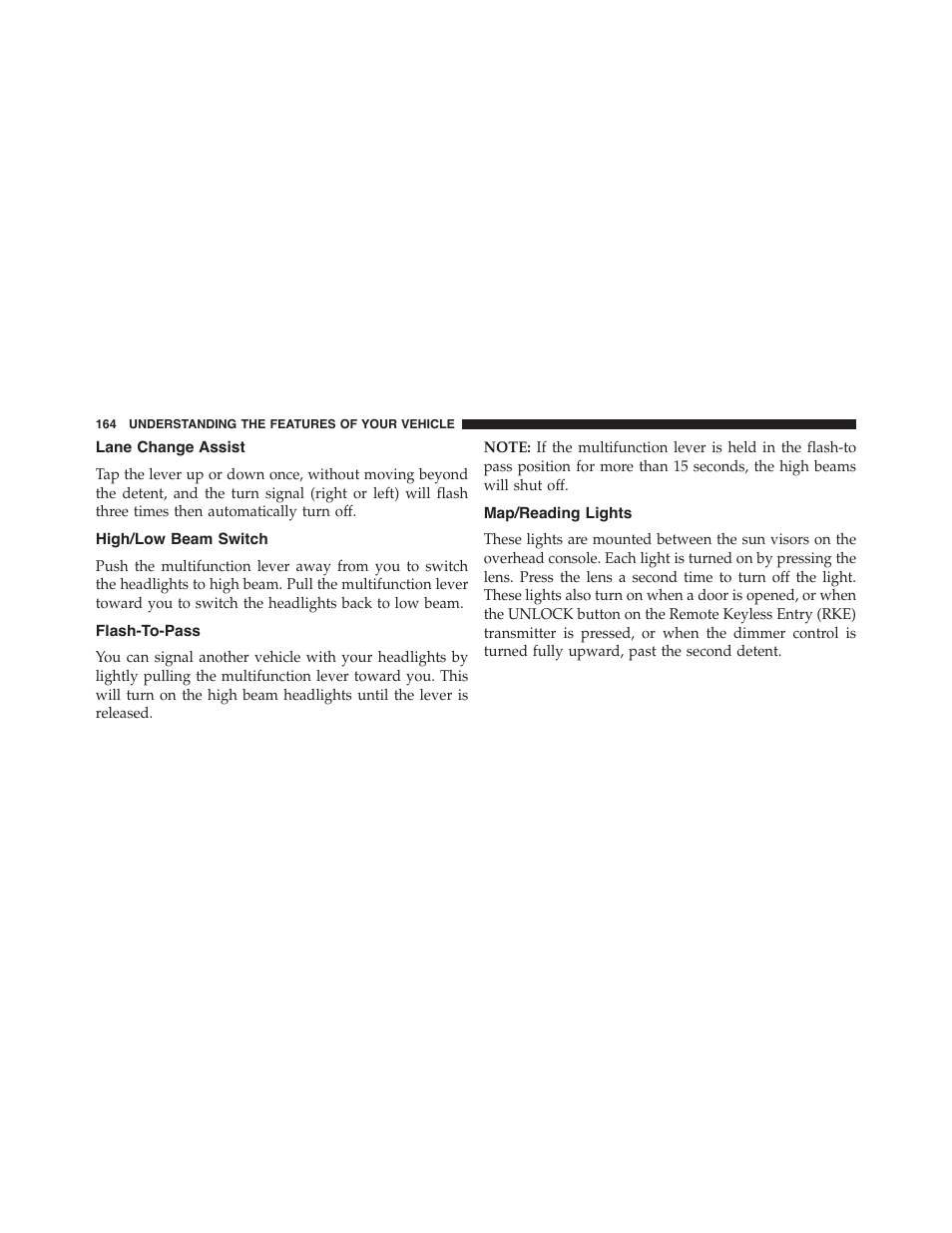 Lane change assist, High/low beam switch, Flash-to-pass | Map/reading lights | Dodge 2013 Challenger_SRT - Owner Manual User Manual | Page 166 / 520