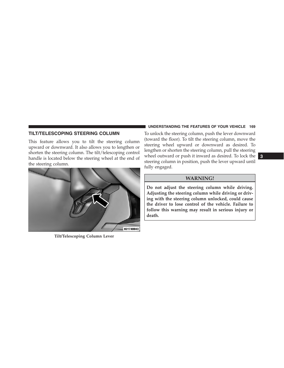 Tilt/telescoping steering column | Dodge 2013 Challenger_SRT - Owner Manual User Manual | Page 171 / 520