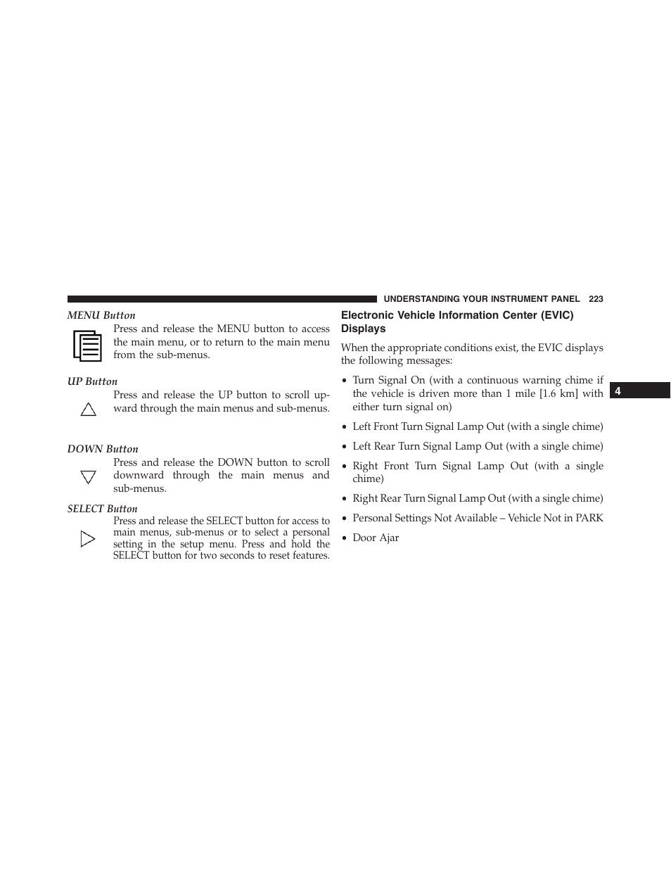 Electronic vehicle information center (evic), Displays | Dodge 2013 Challenger_SRT - Owner Manual User Manual | Page 225 / 520