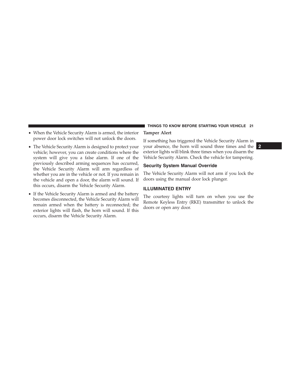 Tamper alert, Security system manual override, Illuminated entry | Dodge 2013 Challenger_SRT - Owner Manual User Manual | Page 23 / 520