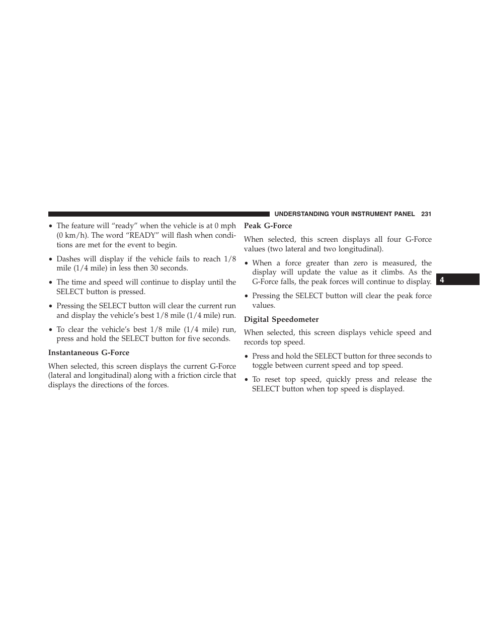 Instantaneous g-force, Peak g-force, Digital speedometer | Dodge 2013 Challenger_SRT - Owner Manual User Manual | Page 233 / 520