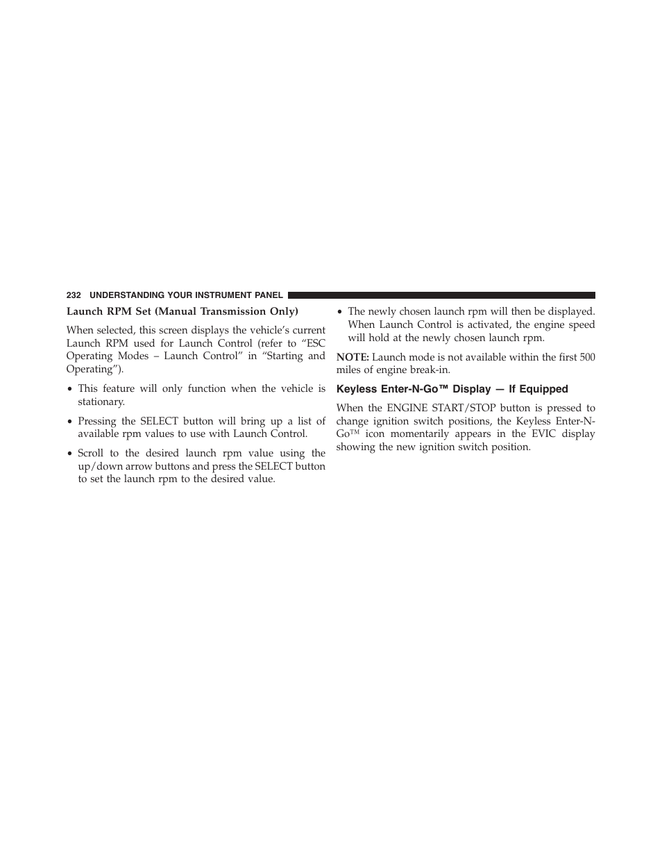 Launch rpm set (manual transmission only), Keyless enter-n-go™ display — if equipped | Dodge 2013 Challenger_SRT - Owner Manual User Manual | Page 234 / 520