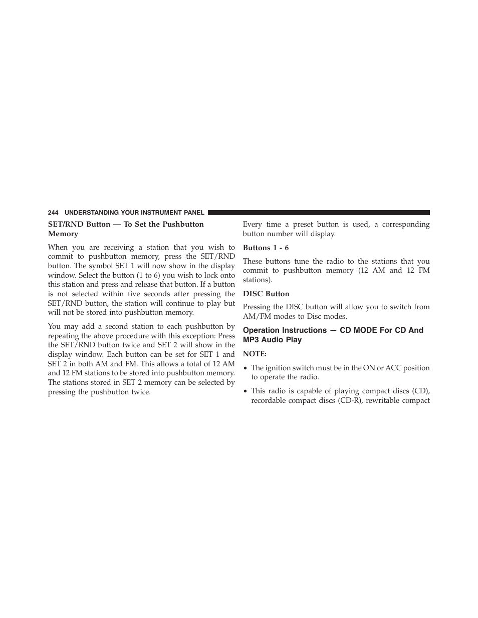 Set/rnd button — to set the pushbutton memory, Buttons 1 - 6, Disc button | Operation instructions — cd mode for cd and, Mp3 audio play | Dodge 2013 Challenger_SRT - Owner Manual User Manual | Page 246 / 520