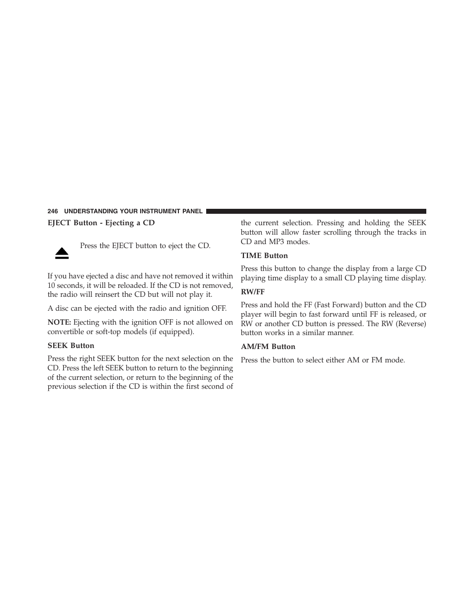 Eject button - ejecting a cd, Seek button, Time button | Rw/ff, Am/fm button | Dodge 2013 Challenger_SRT - Owner Manual User Manual | Page 248 / 520