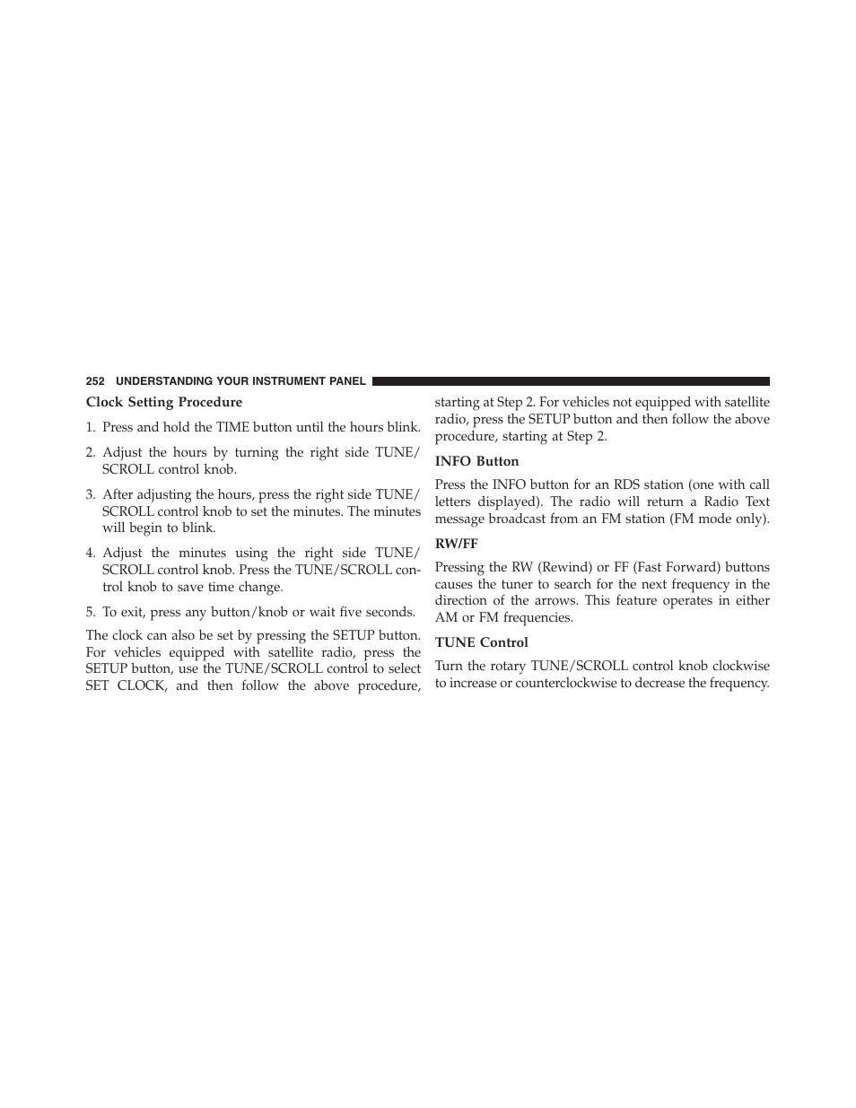 Clock setting procedure, Info button, Rw/ff | Tune control | Dodge 2013 Challenger_SRT - Owner Manual User Manual | Page 254 / 520