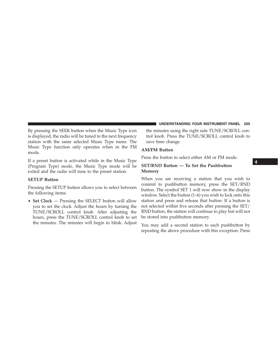 Setup button, Am/fm button, Set/rnd button — to set the pushbutton memory | Dodge 2013 Challenger_SRT - Owner Manual User Manual | Page 257 / 520