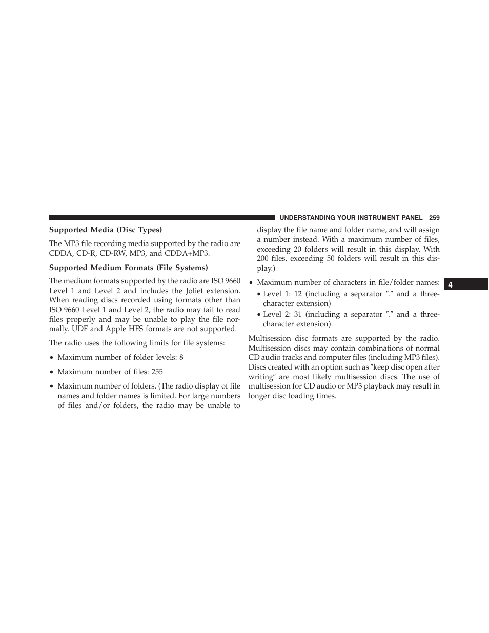 Supported media (disc types), Supported medium formats (file systems) | Dodge 2013 Challenger_SRT - Owner Manual User Manual | Page 261 / 520