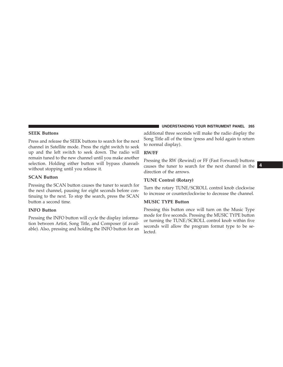 Seek buttons, Scan button, Info button | Rw/ff, Tune control (rotary), Music type button | Dodge 2013 Challenger_SRT - Owner Manual User Manual | Page 267 / 520