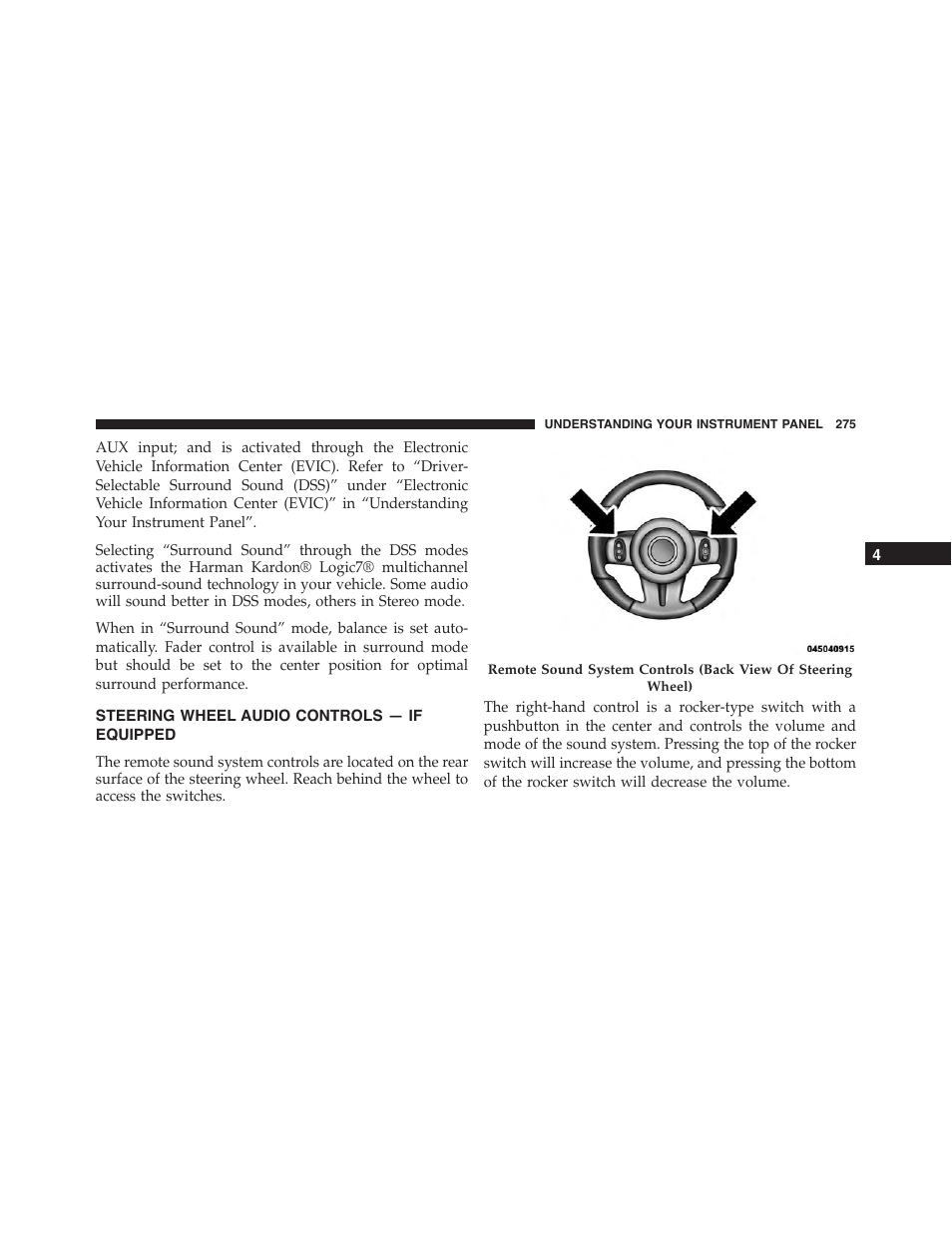 Steering wheel audio controls — if equipped, Steering wheel audio controls — if, Equipped | Dodge 2013 Challenger_SRT - Owner Manual User Manual | Page 277 / 520