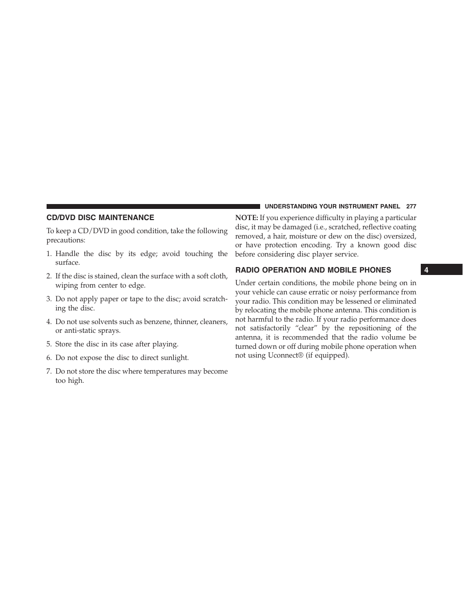 Cd/dvd disc maintenance, Radio operation and mobile phones | Dodge 2013 Challenger_SRT - Owner Manual User Manual | Page 279 / 520