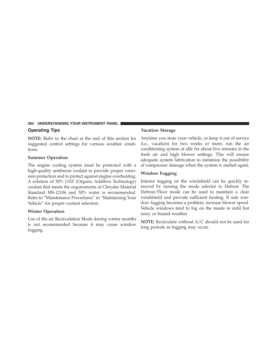 Operating tips, Summer operation, Winter operation | Vacation storage, Window fogging | Dodge 2013 Challenger_SRT - Owner Manual User Manual | Page 286 / 520