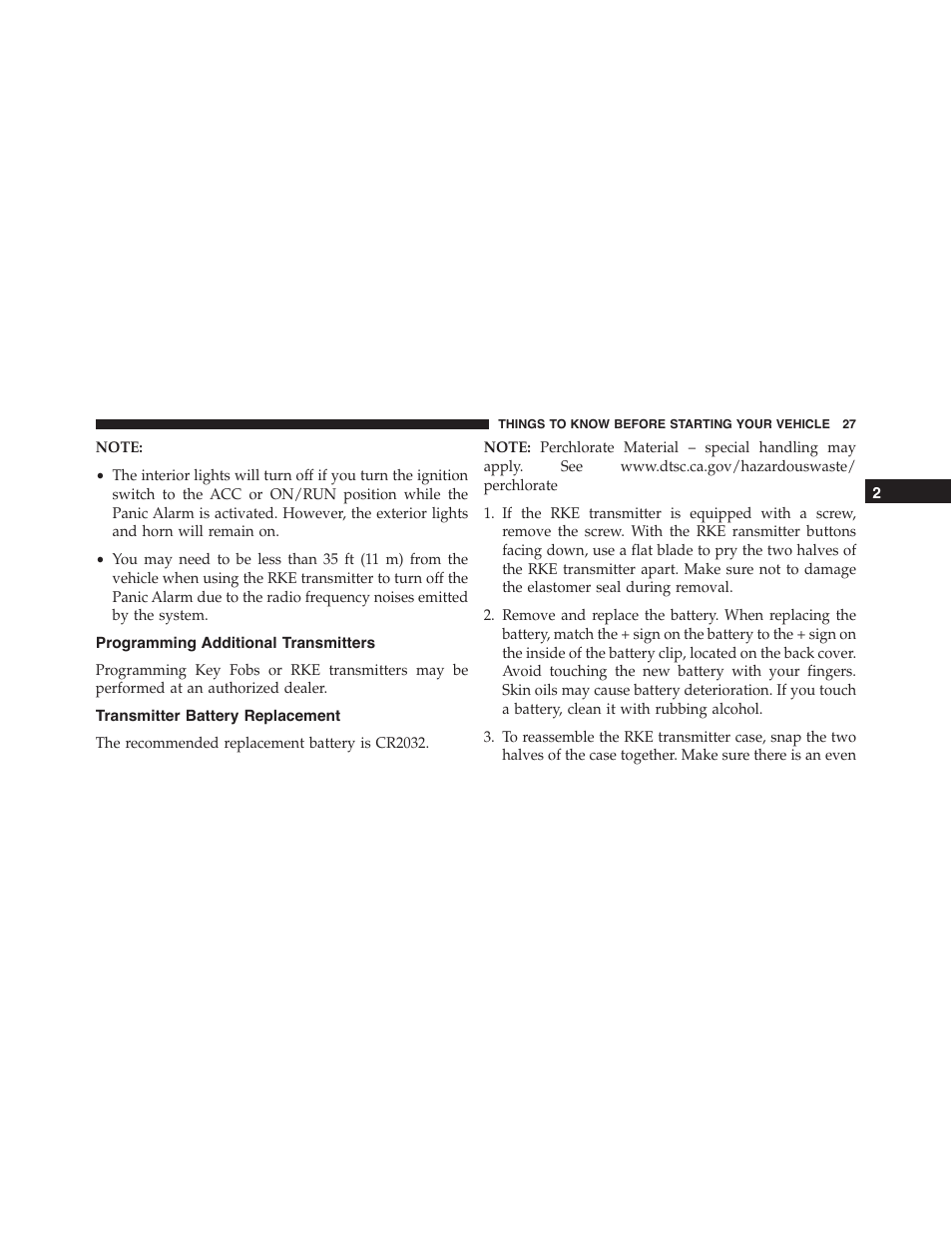 Programming additional transmitters, Transmitter battery replacement | Dodge 2013 Challenger_SRT - Owner Manual User Manual | Page 29 / 520