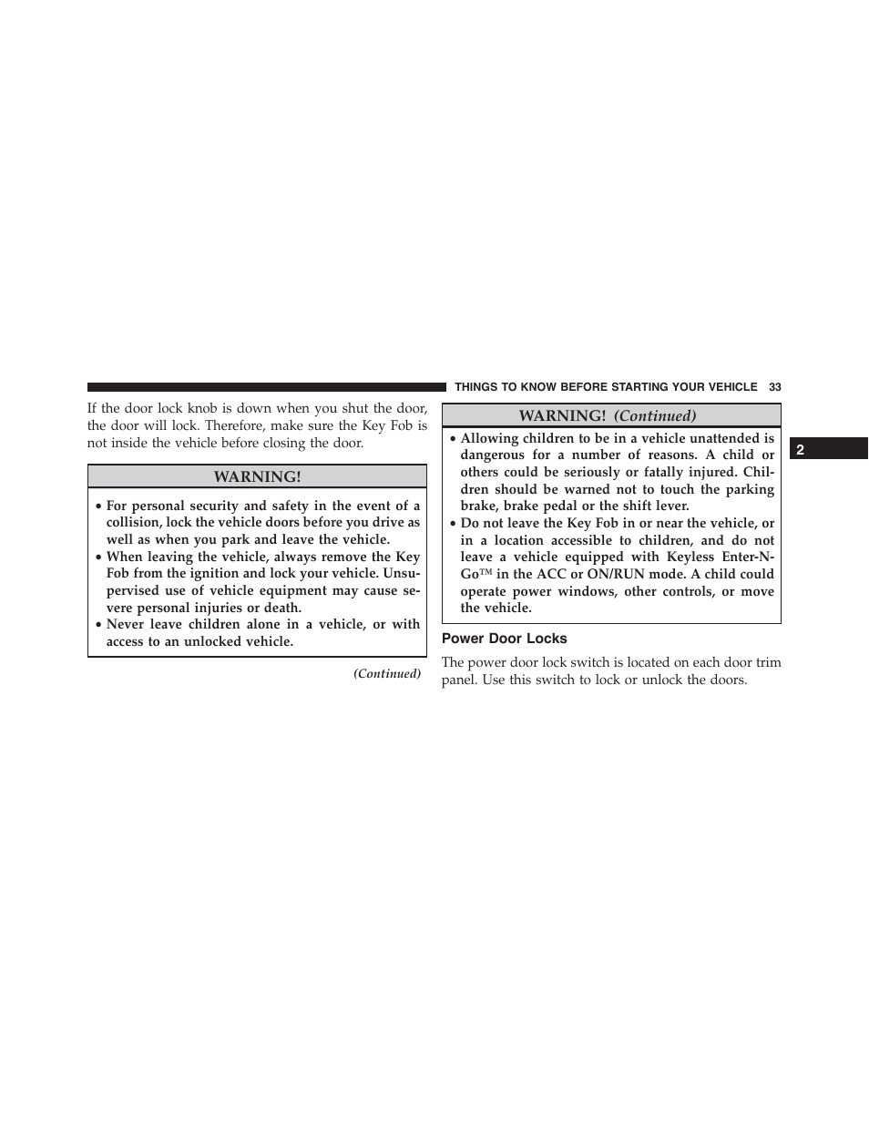 Power door locks | Dodge 2013 Challenger_SRT - Owner Manual User Manual | Page 35 / 520