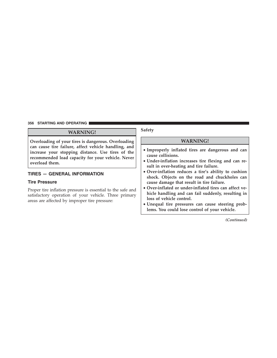 Tires — general information, Tire pressure, Safety | Dodge 2013 Challenger_SRT - Owner Manual User Manual | Page 358 / 520