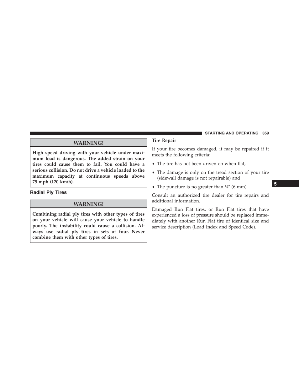 Radial ply tires | Dodge 2013 Challenger_SRT - Owner Manual User Manual | Page 361 / 520