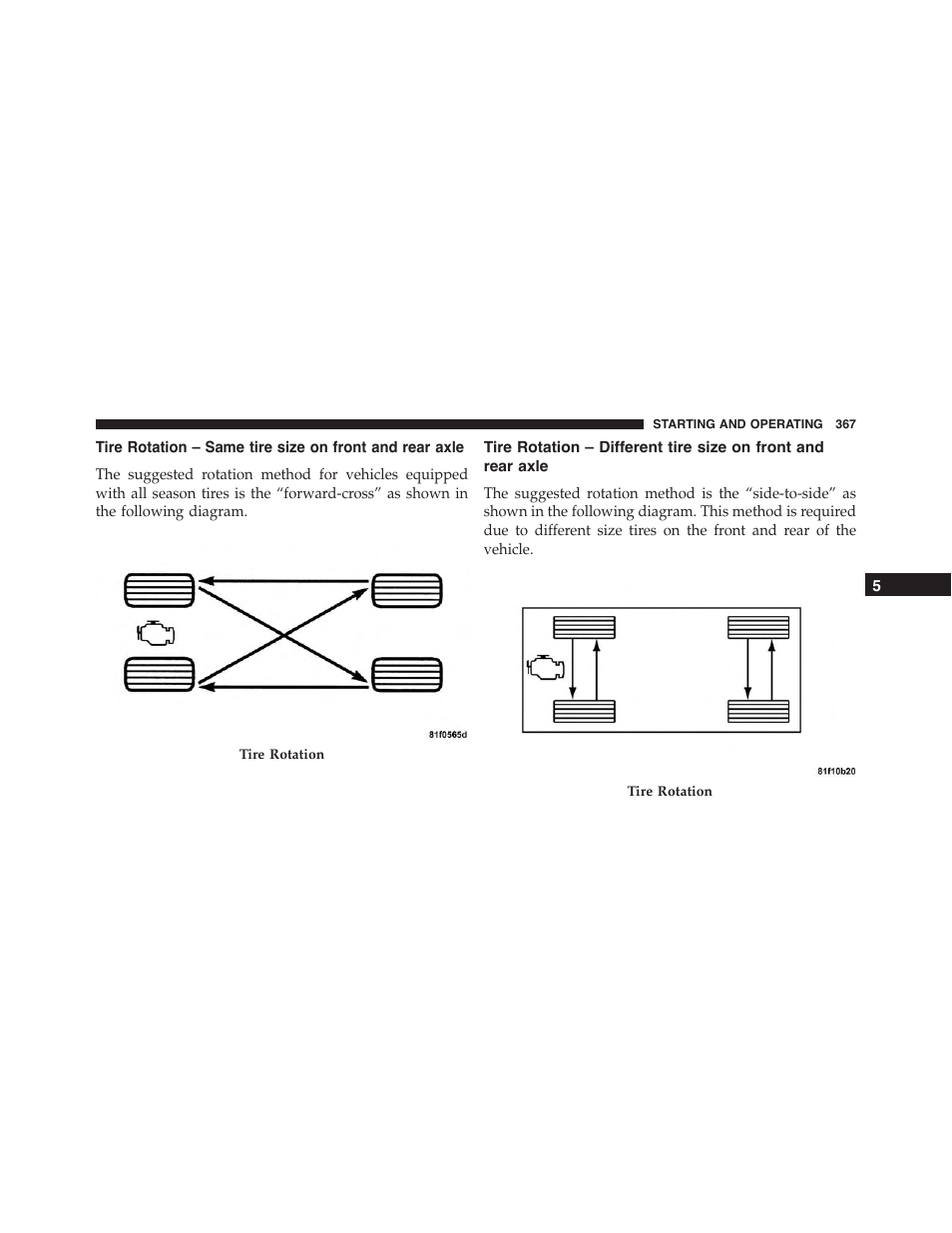 Tire rotation – same tire size on front and rear, Axle | Dodge 2013 Challenger_SRT - Owner Manual User Manual | Page 369 / 520