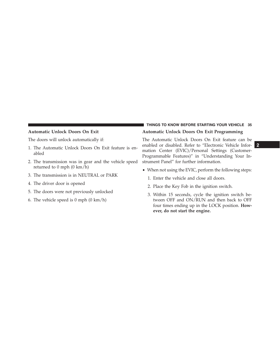 Automatic unlock doors on exit, Automatic unlock doors on exit programming | Dodge 2013 Challenger_SRT - Owner Manual User Manual | Page 37 / 520