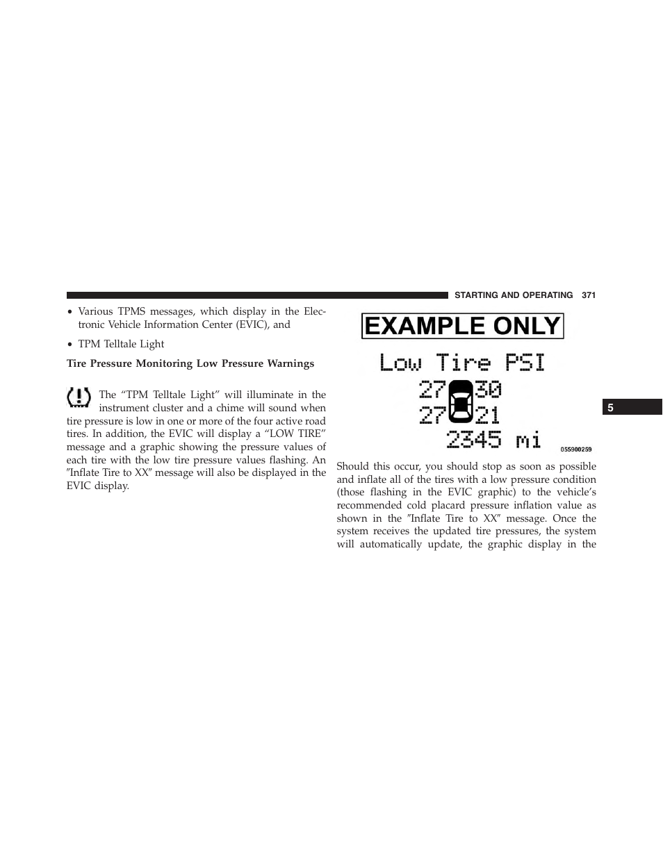 Tire pressure monitoring low pressure warnings | Dodge 2013 Challenger_SRT - Owner Manual User Manual | Page 373 / 520
