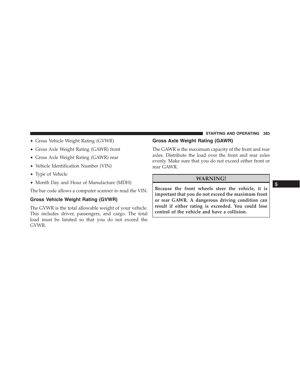 Gross vehicle weight rating (gvwr), Gross axle weight rating (gawr) | Dodge 2013 Challenger_SRT - Owner Manual User Manual | Page 385 / 520