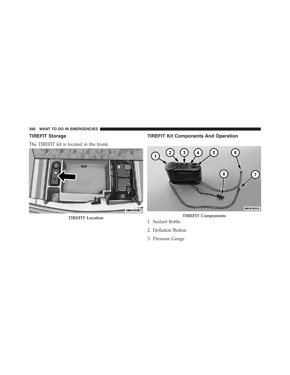 Tirefit storage, Tirefit kit components and operation | Dodge 2013 Challenger_SRT - Owner Manual User Manual | Page 392 / 520