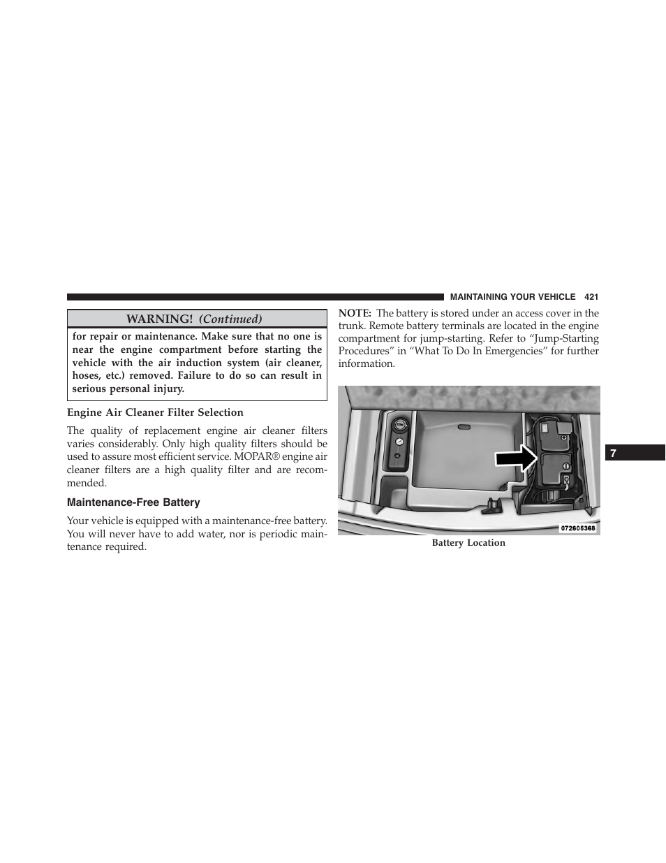 Engine air cleaner filter selection, Maintenance-free battery | Dodge 2013 Challenger_SRT - Owner Manual User Manual | Page 423 / 520