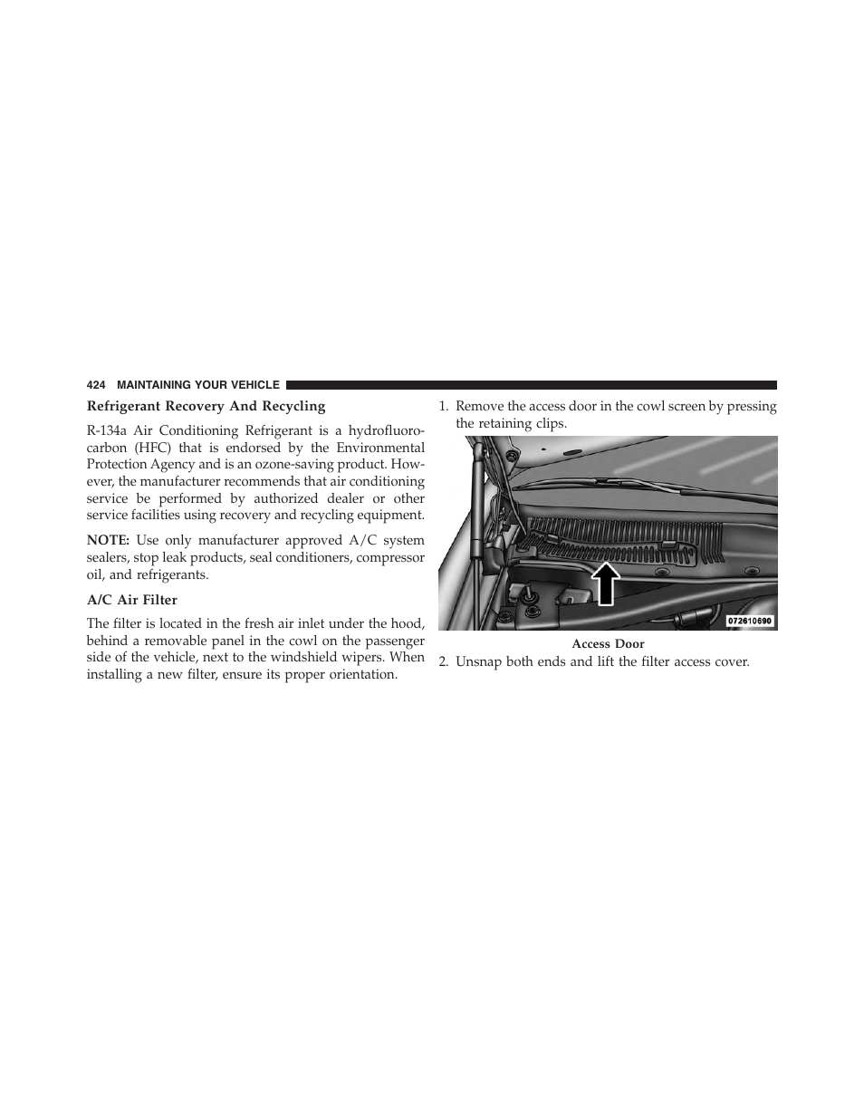 Refrigerant recovery and recycling, A/c air filter | Dodge 2013 Challenger_SRT - Owner Manual User Manual | Page 426 / 520