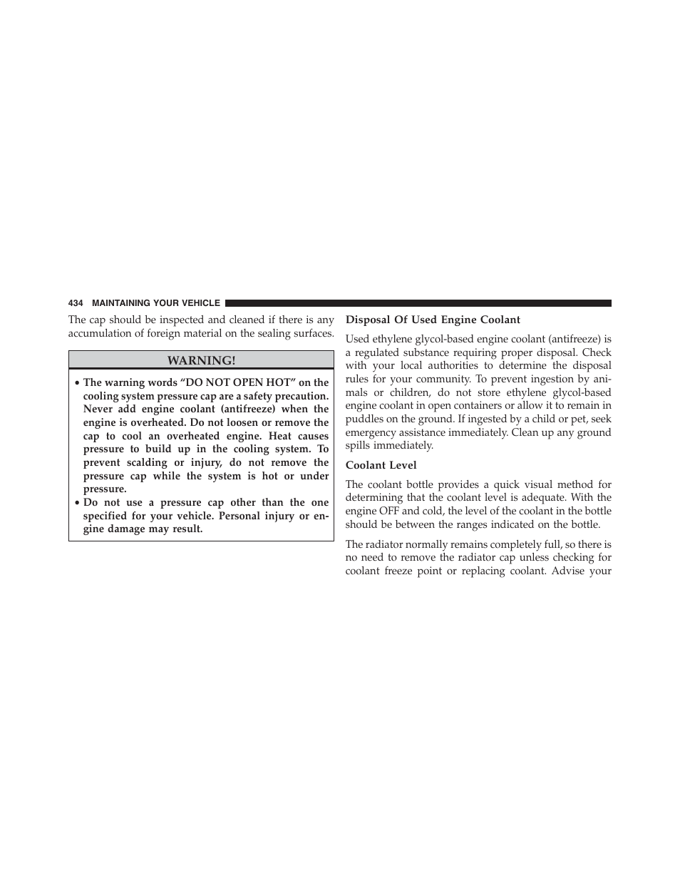 Disposal of used engine coolant, Coolant level | Dodge 2013 Challenger_SRT - Owner Manual User Manual | Page 436 / 520