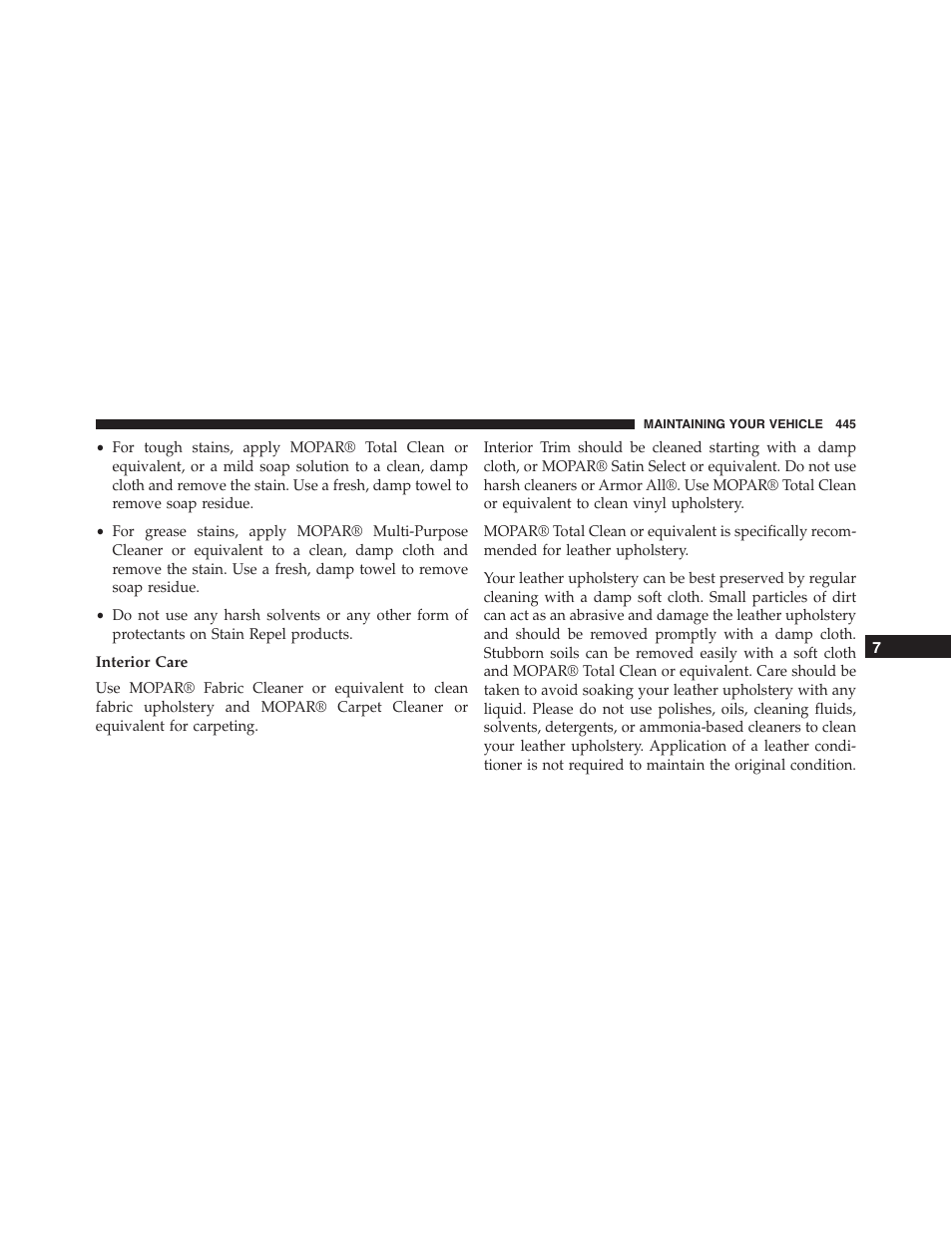 Interior care | Dodge 2013 Challenger_SRT - Owner Manual User Manual | Page 447 / 520