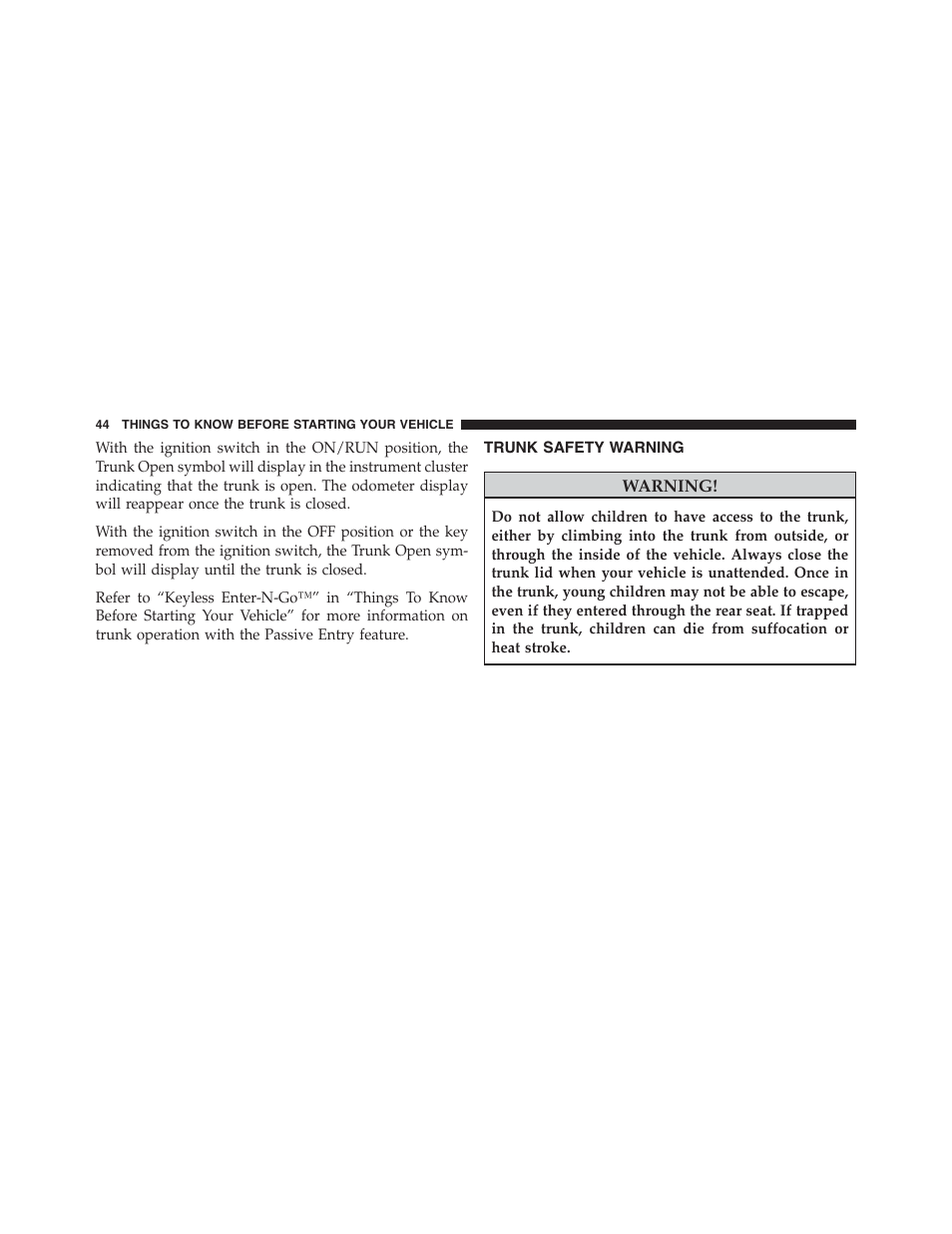 Trunk safety warning | Dodge 2013 Challenger_SRT - Owner Manual User Manual | Page 46 / 520