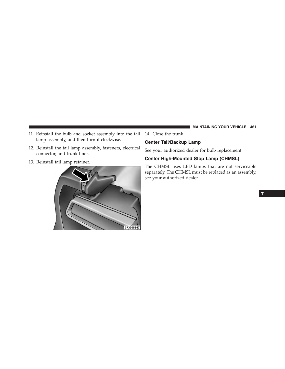 Center tail/backup lamp, Center high-mounted stop lamp (chmsl) | Dodge 2013 Challenger_SRT - Owner Manual User Manual | Page 463 / 520